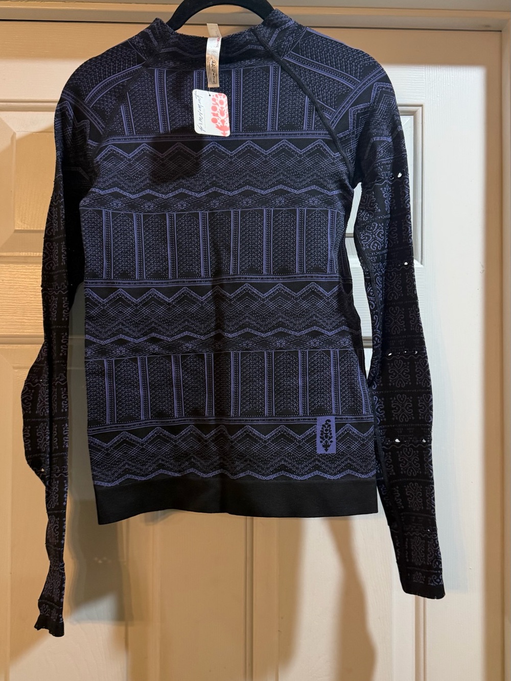 Free People Black Purple Geometric Print Long Sleeve Base Layer NWT Size M/L